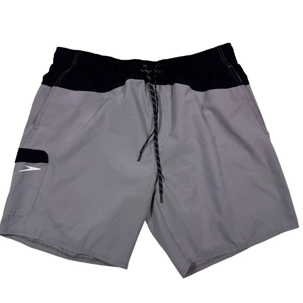 Speedo Mens‎ Grey Black Colorblock Swim Trunks Board Shorts XL Mesh Liner